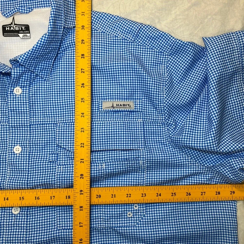 Habit River Guide Fishing Shirt Men's 2XL Blue Check Long Sleeve UPF‎ 40+